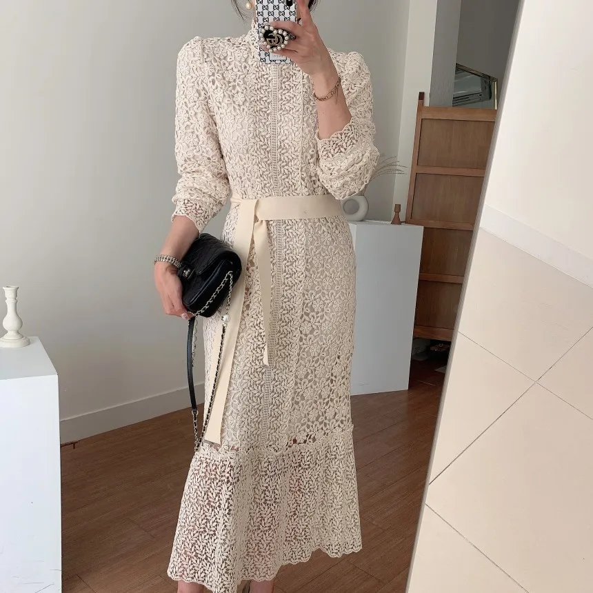 

Alien Kitty Streetwear Vintage Lace Hook Flowers 2021 Slim Sexy New All Match Femme OL A-line Sweet Long Dresses Vestidos