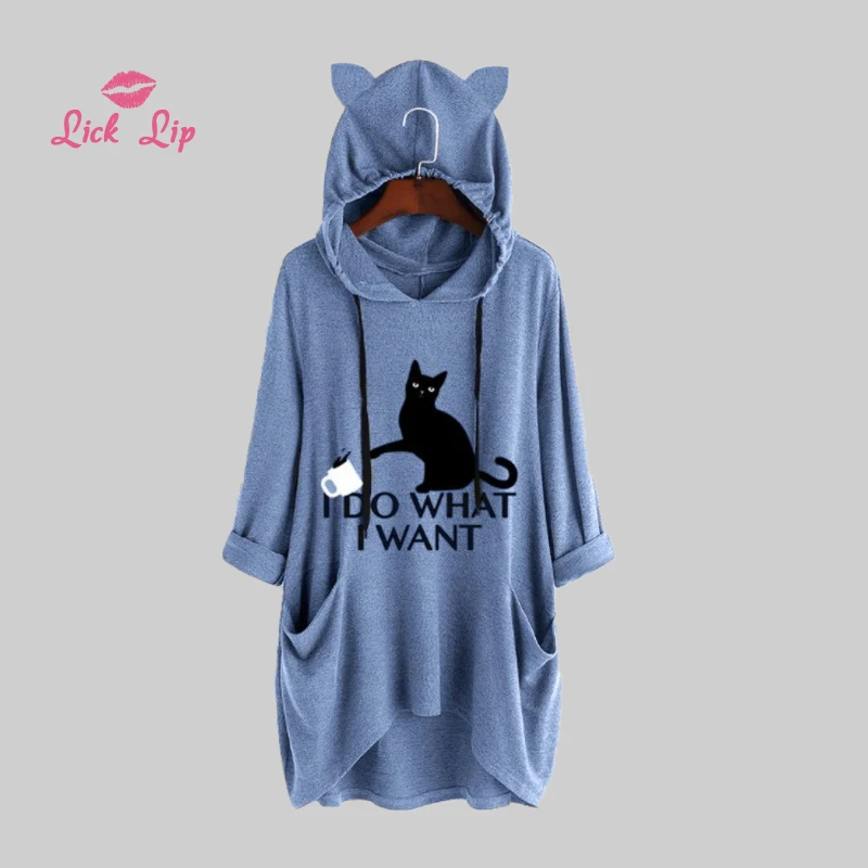 Lick губ 3XL 4XL 5XL большой размер ночная рубашка с капюшоном и принтом кота длинная