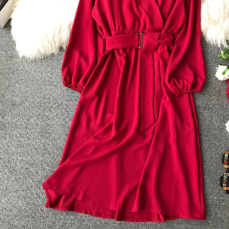 ALPHALMODA осеннее офисное женское платье с длинными рукавами и поясом, новое повседневное шифоновое платье с высокой талией и v-образным вырезом, однотонное женское платье до середины икры
