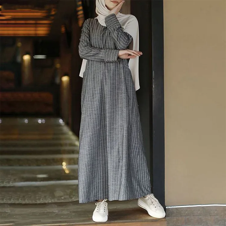 

2021 Women's Dress Autumn And Winter Long High Quality Striped Retro Fashion Cotton And Linen Dress For Woman