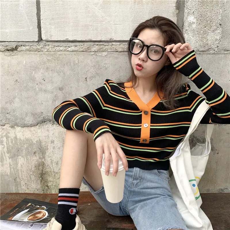 

Hot Women Wild Sweater Lady Autumn V-neck Striped Knitted Clothes Long Sleeve Button Fashion Pullover Female Sweaters Tops