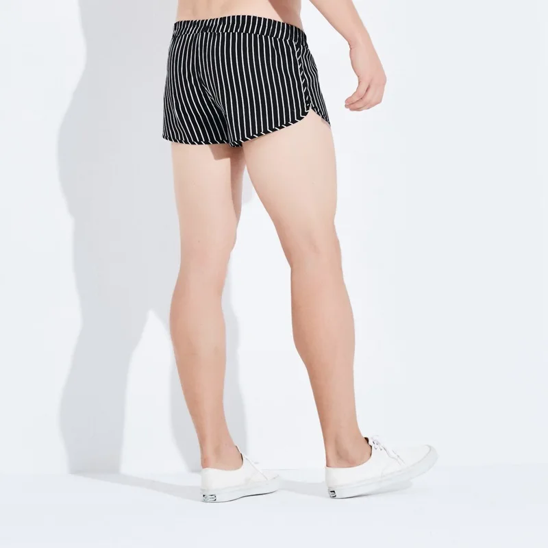 Cotton Pajama Shorts Mens Boxer Underwear Mid Waist Large Size Home Casual Briefs Shorts Black Striped Soft Sleep Underpants Man