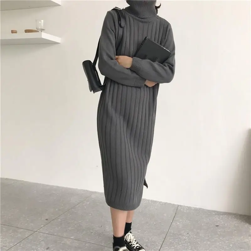Осенне зимнее женское повседневное корейское однотонное платье свитер