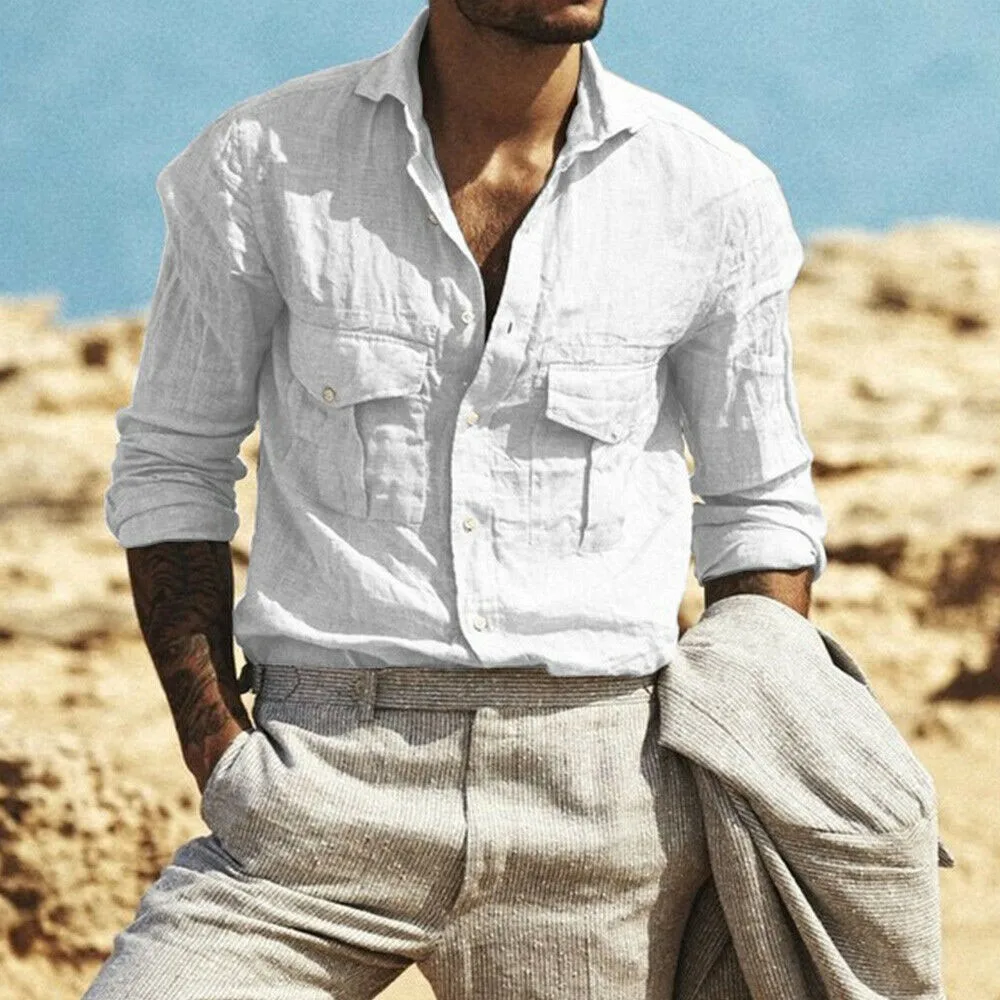 

Mens Cotton Linen Button Down Shirts Casual Long Sleeve Single-Breasted Solid Blouse T-Shirt Top Lapel Double Pockets Men Shirt