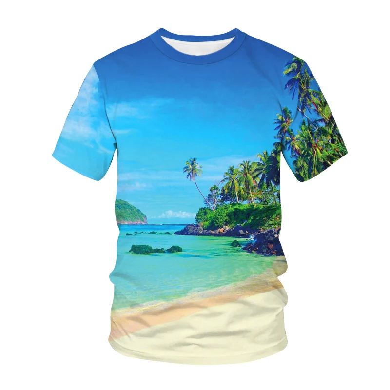 

Летняя мужская рубашка с коротким рукавом, новинка 2021, модная трендовая простая стильная футболка с красивым ландшафтным принтом