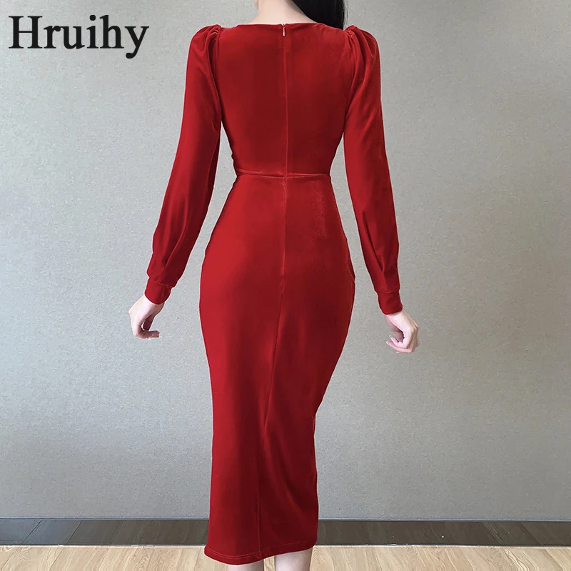 

New Dress Women Long Sleeve Red Elegant High Waist Fashion Long Dress Female Autumn Square Collar Evening Party Club Robe