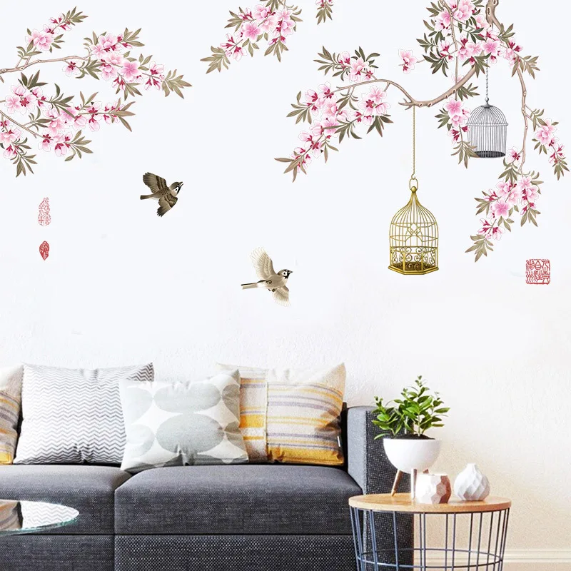 Large Chinese Style Pink Flowers Bird Cage Home Decor Wall Stickers Self Adhesive Mural Decals PVC Paintings Room Decoration