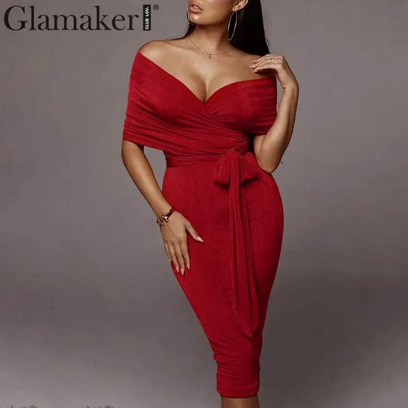 Glamaker, трикотажное сексуальное облегающее платье миди с открытыми плечами, женское элегантное платье с открытой спиной, осенне-зимнее женское длинное вечернее платье с бантом