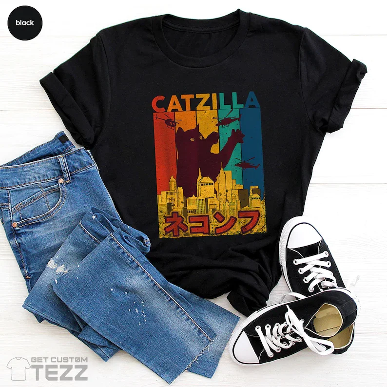

Catzilla T-Shirt Vintage Black Cat Shirt Cat Lover cat mom Funny print Graphic O neck tees for cat 2021 women clothing