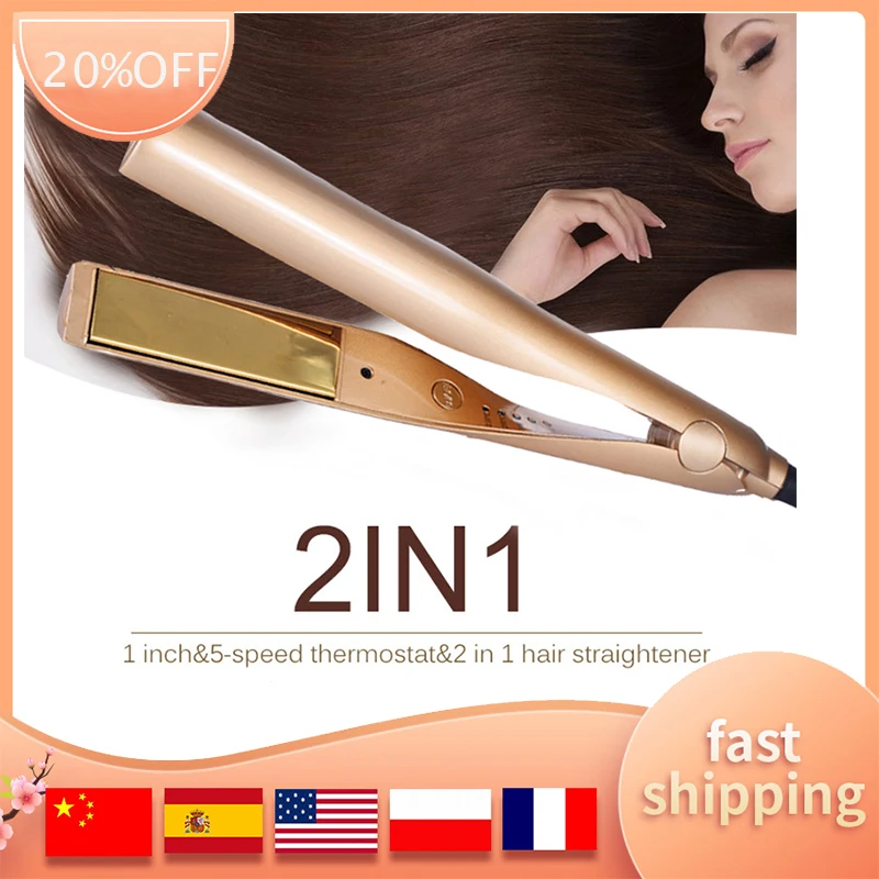 

Ions Flat Iron Hair Straightener And Hair Curler Tool 2In 1 Straightening Curling Iron 3D Concave And Convex Titanium Plate Gold