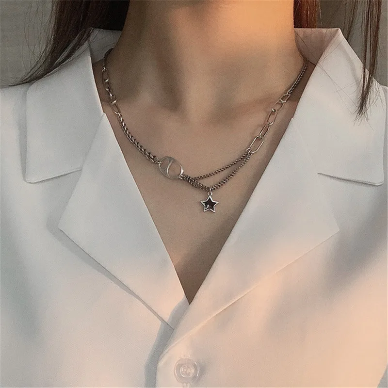 

POFUNUO Real 925 Sterling Silver Women Cold Wind Original Personalized Niche Chokers Five-pointed Star Pendant Vintage Necklace