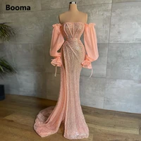 booma peach glitter tulle mermaid evening dresses strapless puff sleeves exposed boning high slit fitted formal evening gowns