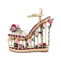 hot selling caged style platform sandal 2021 metal striped ankle strap wedge sandal for woman cutouts heels flower sandal