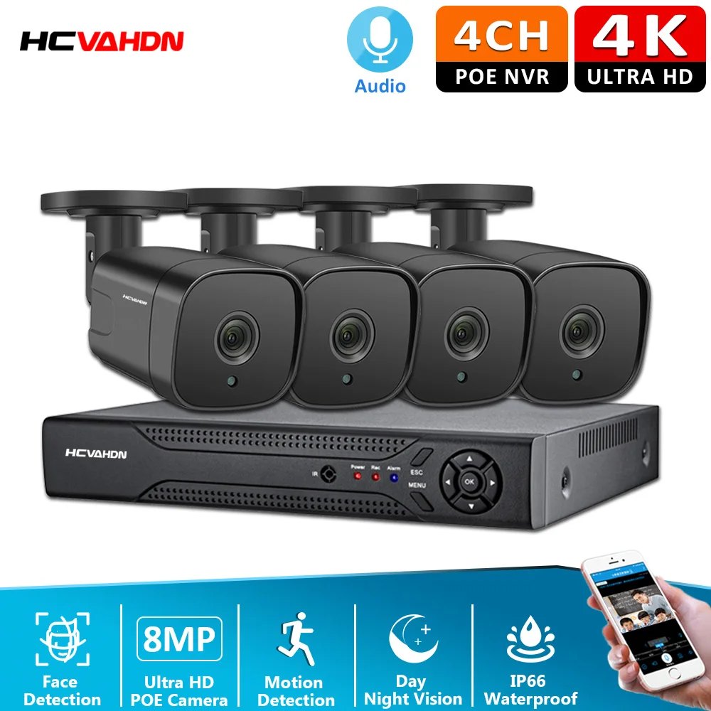 

4CH NVR 8MP CCTV System 4K Full HD Audio Record Outdoor Waterproof P2P Security Ai Camera Video Surveillance Kit HDD