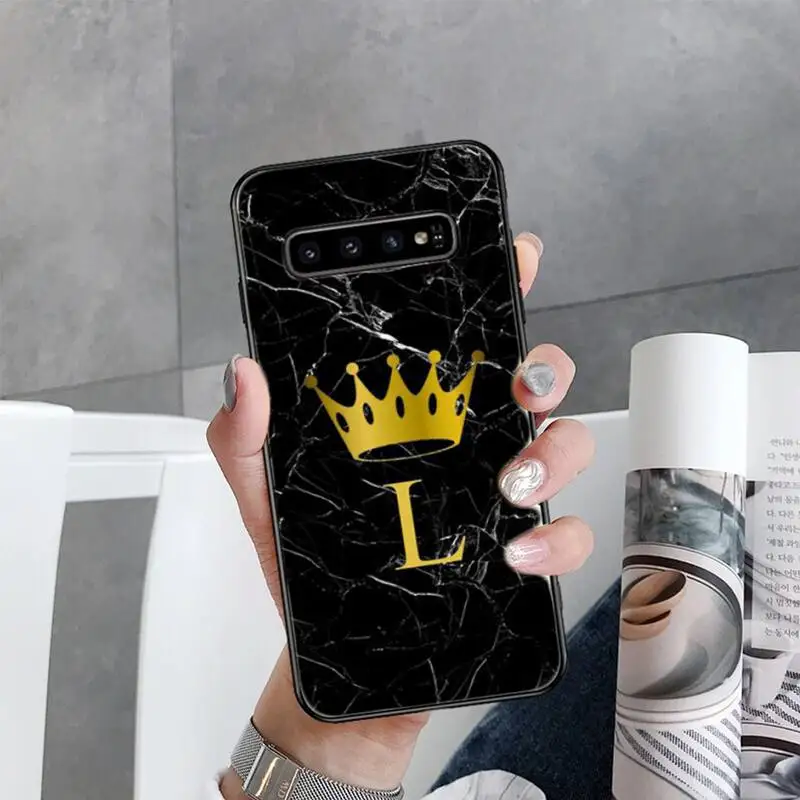 

Custom name Letter Black Marble Gold crown Phone Case For Samsung Galaxy S7 S8 S9 S10 S10e S20 s21 s30 plus lite Ultra 5g