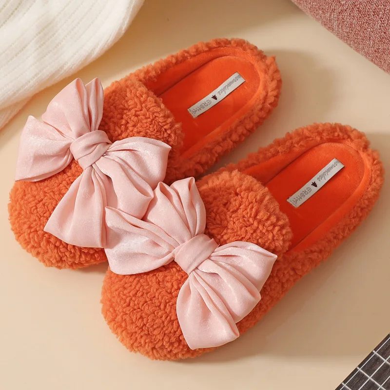 

Winter Woman Cute Slippers Warm Plush Bowknot Ladies Cotton Shoes Women's Home Indoor Slippers Female House Shoes Girl Slippers