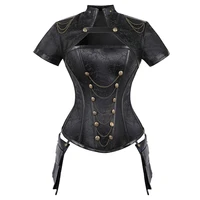 steampunk corset gothic steel boned flora punk bustiers women cut out chains buttons corselet short sleeve bustier tops