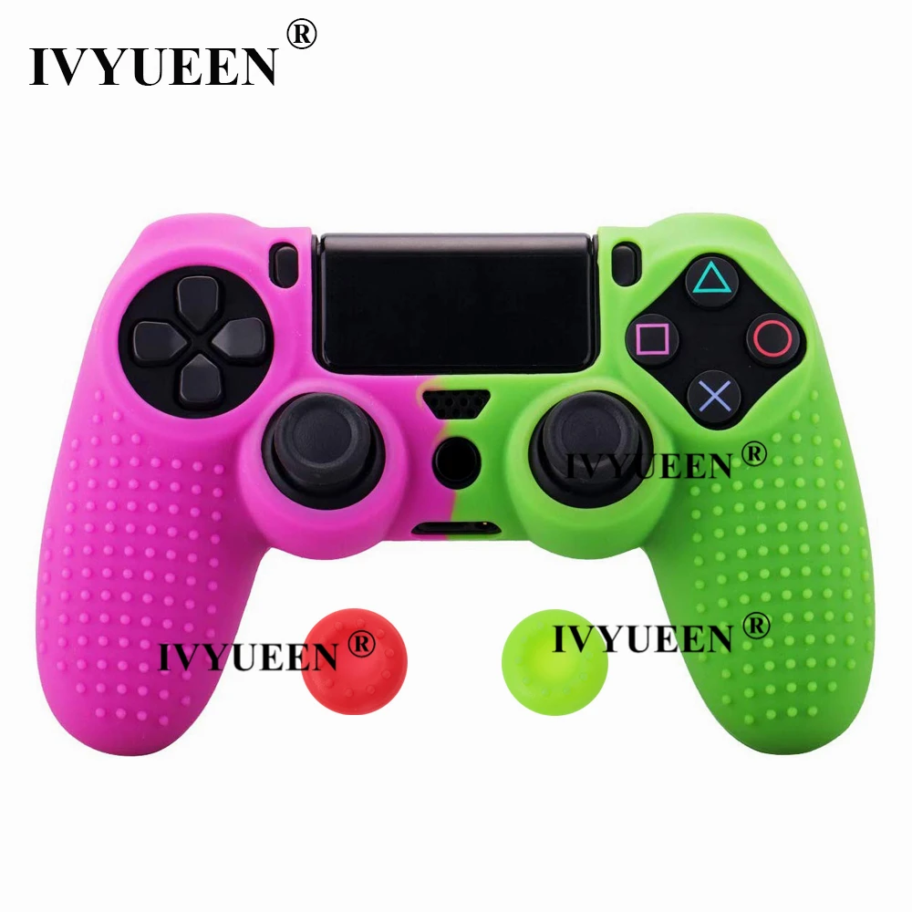 Green Pink Силиконовый чехол IVYUEEN для Dualshock 4 PS4 Pro, тонкий чехол для контроллера и ручки для большого пальца, колпачки для playstation 4, аксессуары для игр - Цвет: Green Pink