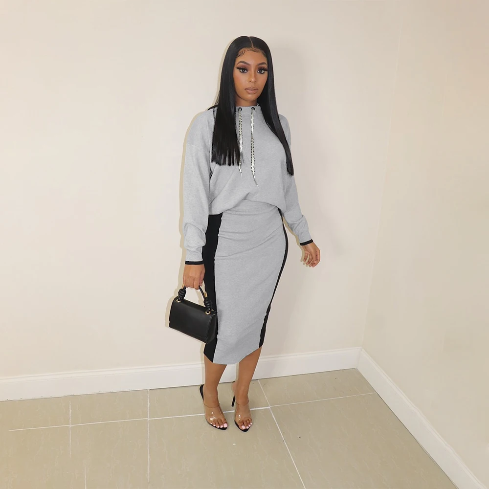 

Women'S Skirt Suit New Fashion Casual Solid Color Hooded Stitching Sweater 2 Piece Set