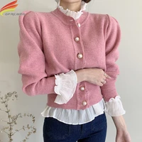 long puff sleeve cropped sweater women 2020 autumn winter new single button o neck navy blue pink knitted sweater pullovers