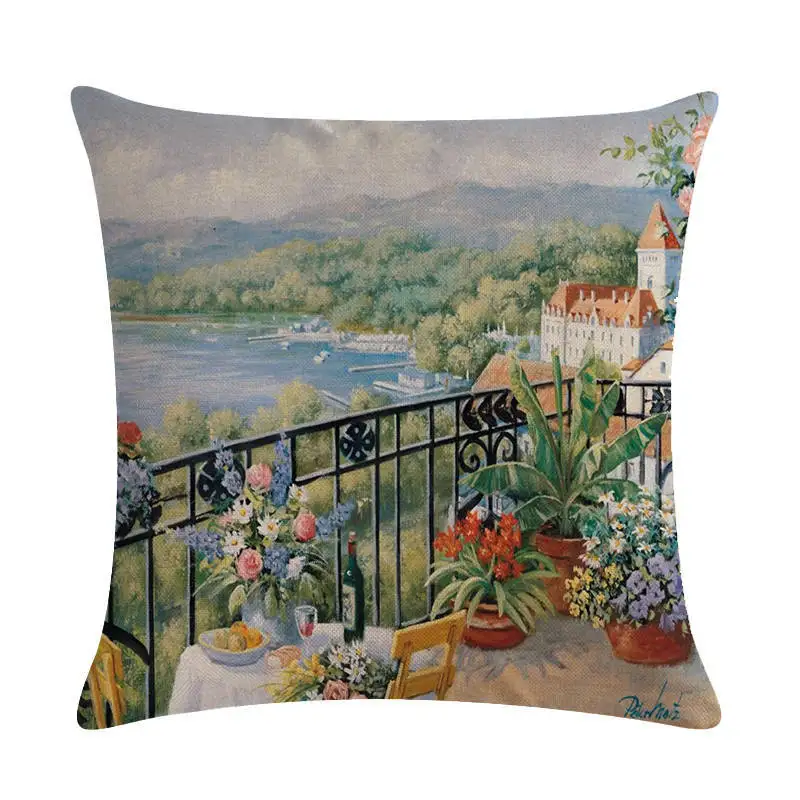 

Vintage Oil Painting Series Pillow Cover Landscape Painting Home Sofa Decoration Linen Seat Cover 45*45cm