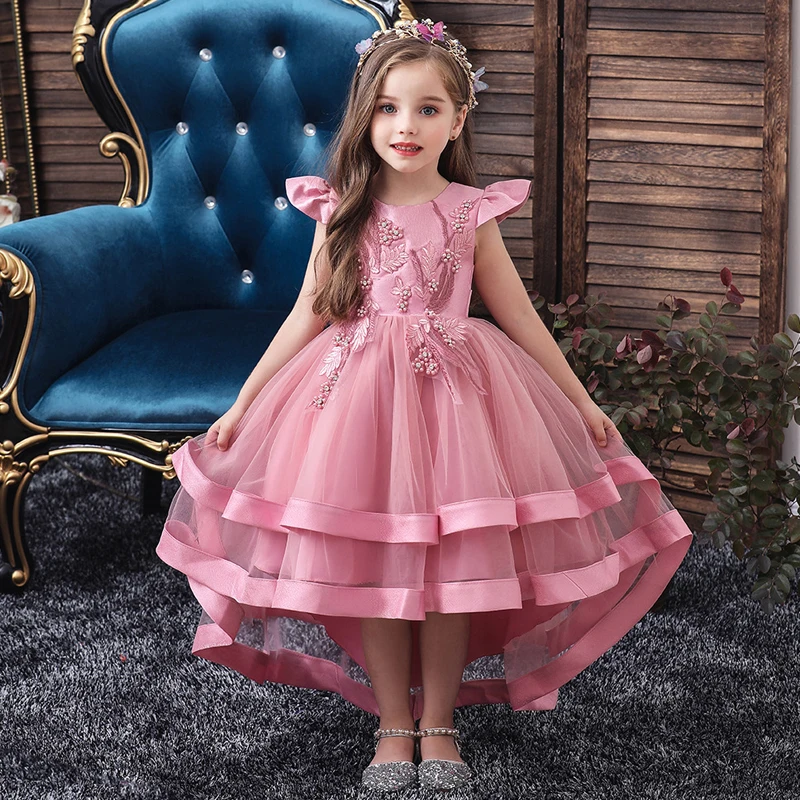 

Girls Tutu High Low Dress Embroidery Kids Ruffle Pageant with Big Bow Toddler Girls Elegant Fancy Long Dresses Birthday Party 5t