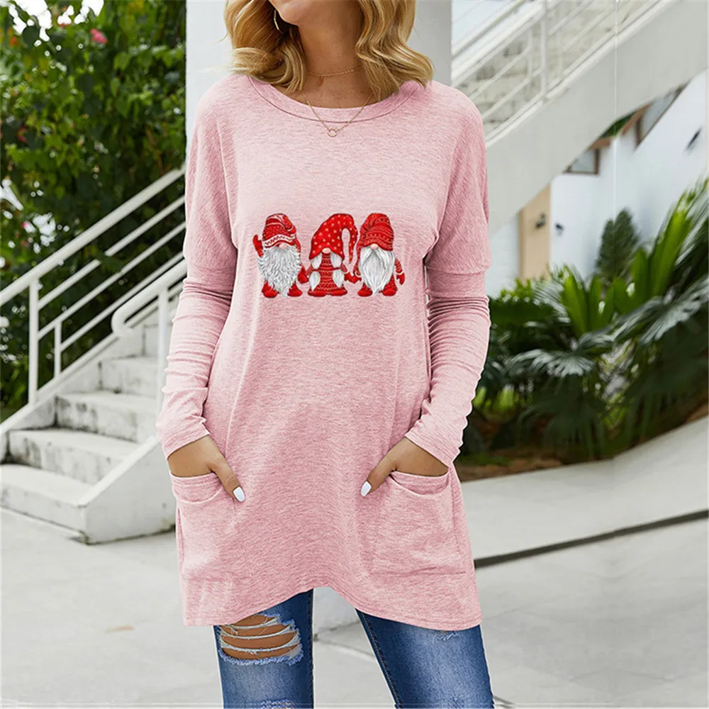 

Women Christmas Long T-shirts 3 Santa Claus Graphic Tees Crewneck Long Sleeve with Pockets Tshirt Tops Female Aesthetic Clothing