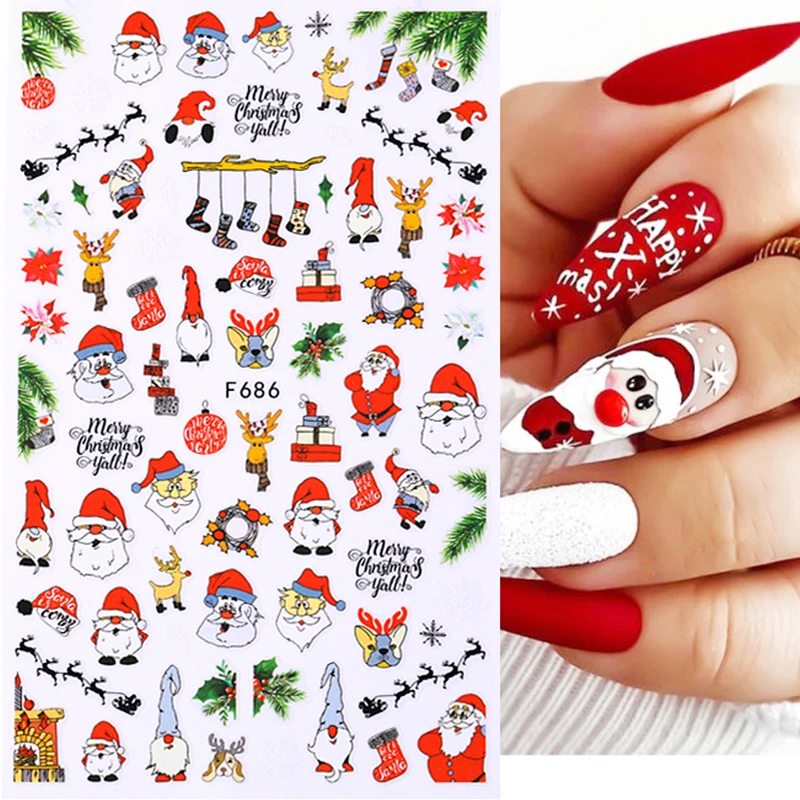

Winter Xmas Nail Art Designs 3D Cute Sticker Cartoon Christmas Slider New Year Holiday Polish Decal Manicures Decorations F686