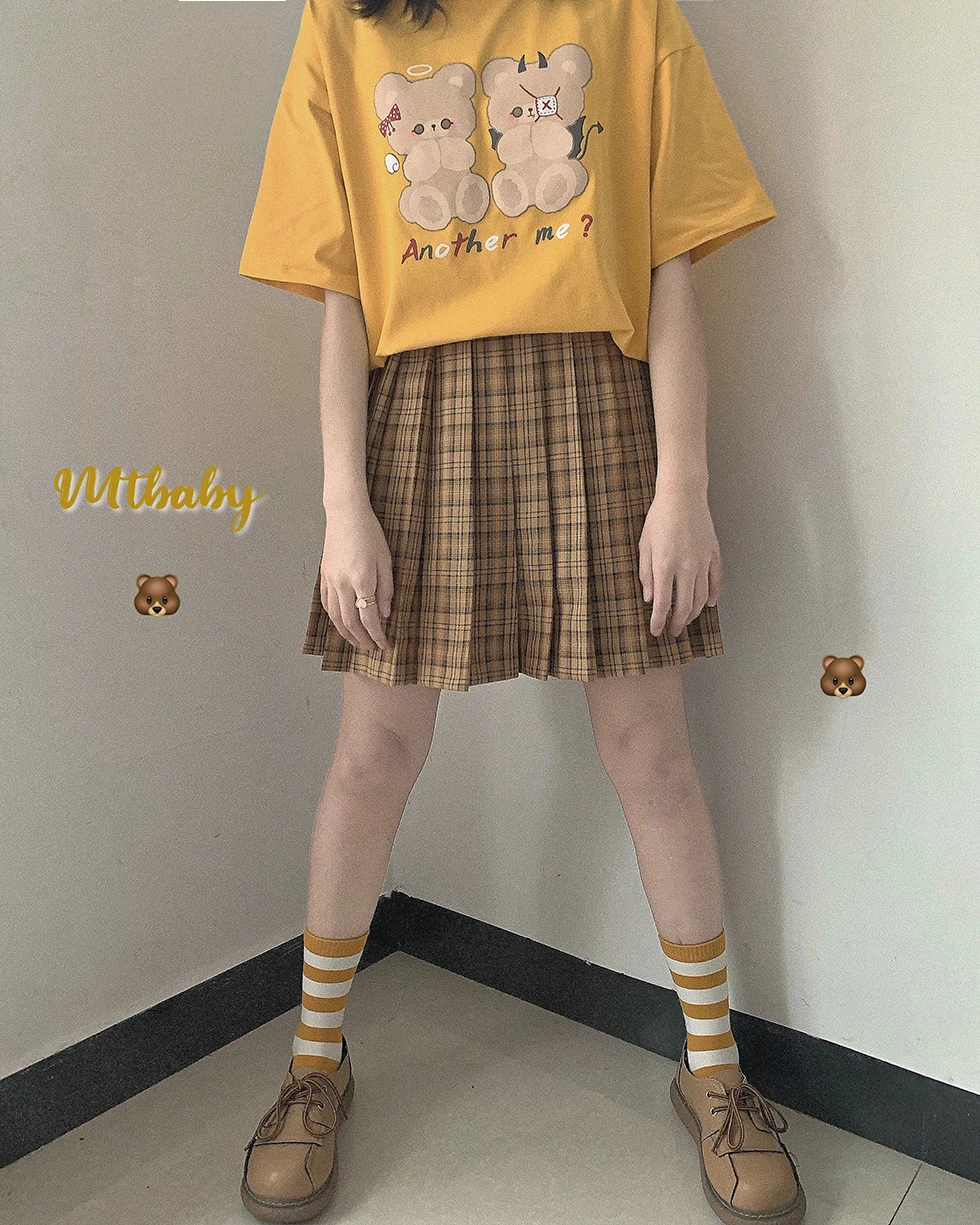 

"Twins Bear" Print cute Pattern Short Sleeve Female Summer Loose Cotton Tee Girl Yellow Tops