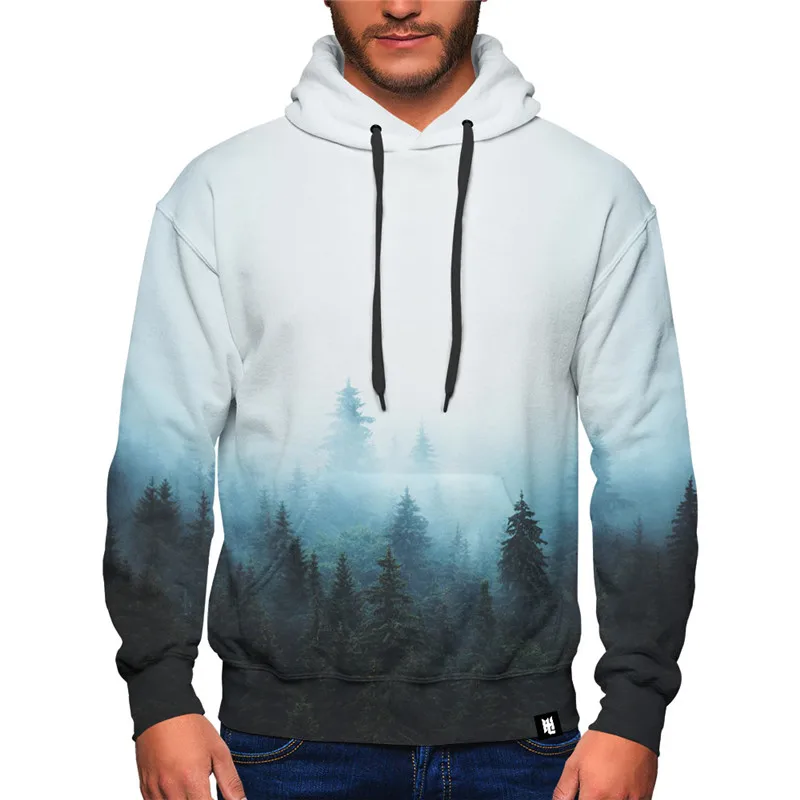 01 Foggy forest Print Men Hoodies Long Sleeve Pullover Casual streetwear Loose Hip Hop Sweatshirt Unisex Hooded Tops - Цвет: 01