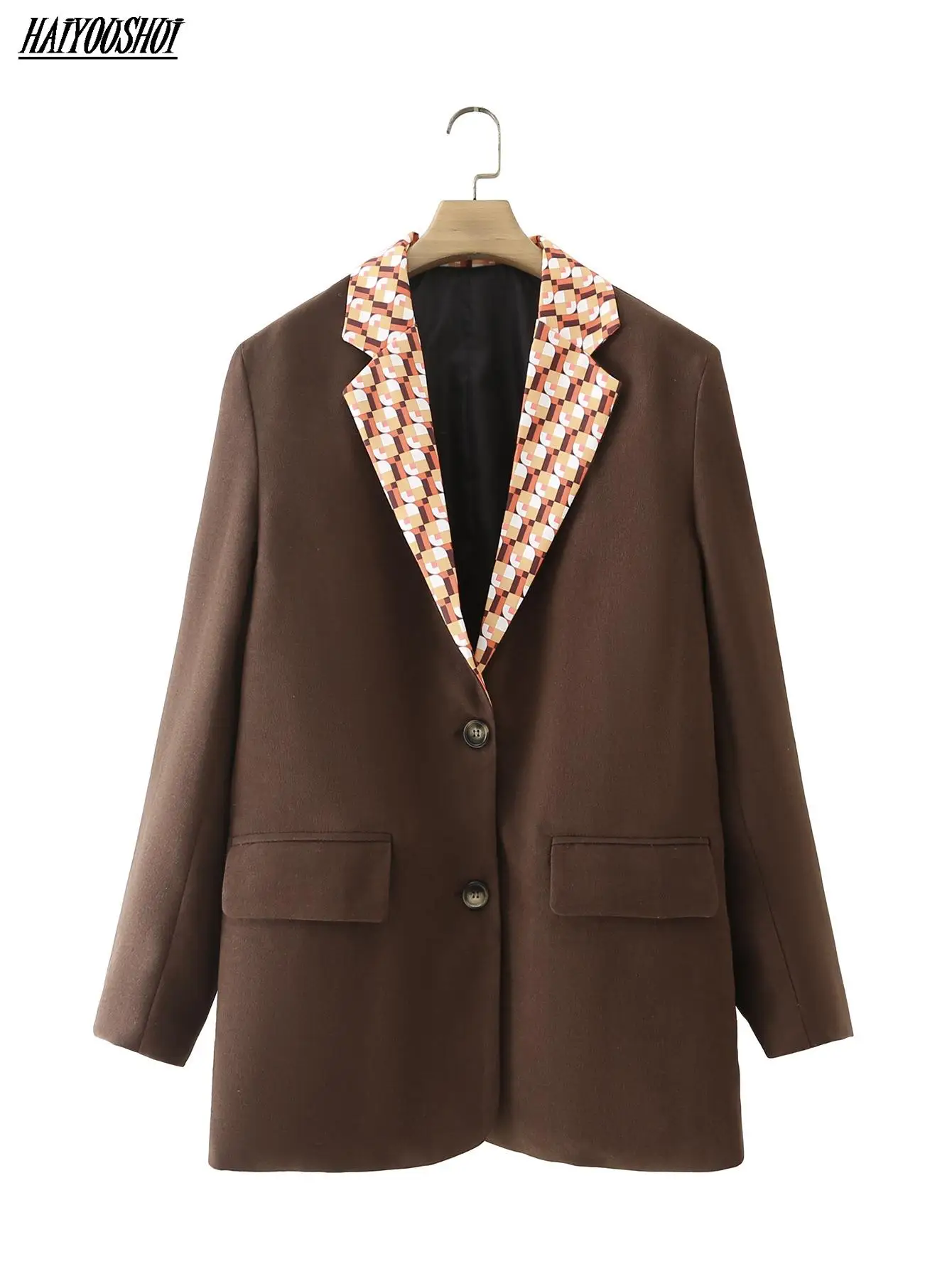 

Women 2021 Fashion Printed neckline Office Wear Blazer Coat Vintage Long Sleeve Welt Pockets Female Outerwear Chic Veste