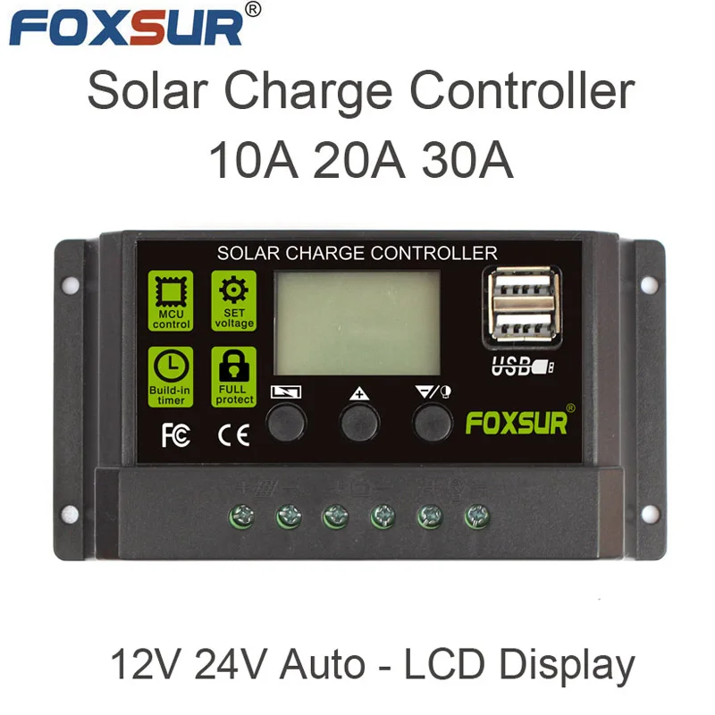 FOXSUR 30A 20A 10A ЖК дисплей PWM DC 5 в USB 12 24 автоматический выключатель панели солнечных