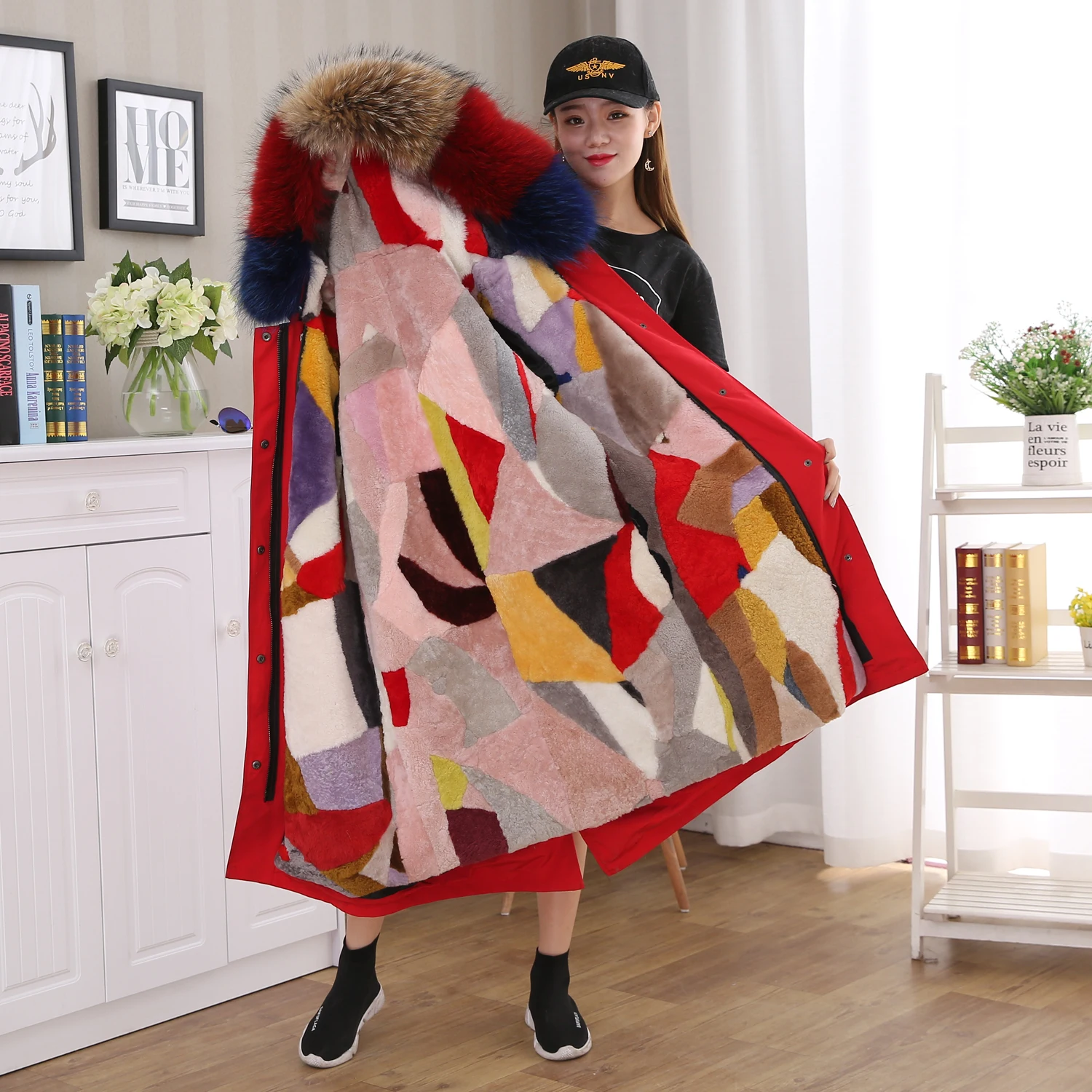 110 см пальто с мехом парки Зимняя куртка Женская парка большой воротником из меха