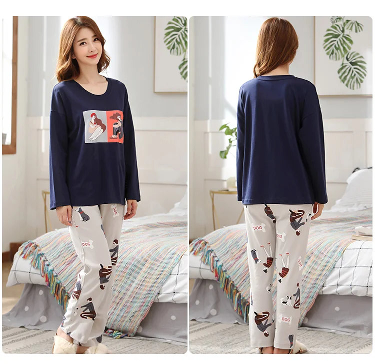 M L XL XXL 3XL 4XL 5XL Женская одежда для сна с длинным рукавом, хлопок, комплекты одежды для сна, осенние пижамы, женские пижамы
