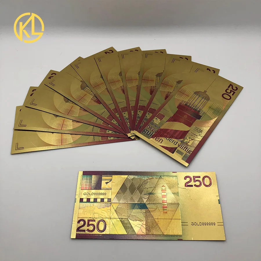 

10pcs Colored Netherlands 250 Dutch guilder Gold Foil Plastic Banknote Replica for souvenir Gift and collection
