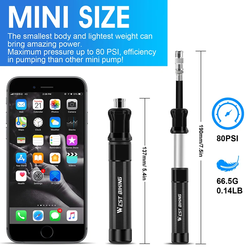 WEST BIKING Mini Bike Pump Aluminum Alloy Bicycle Air Ball Tire Inflator AV/FV Nozzle MTB Mountain Cycling Hand | Спорт и