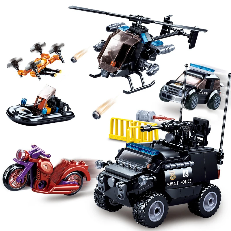

City Police SWAT Team Helicopters Armored Car Truck Boat Motorcycle Aircraft Military Panzer Model Building Blocks Toys Boys