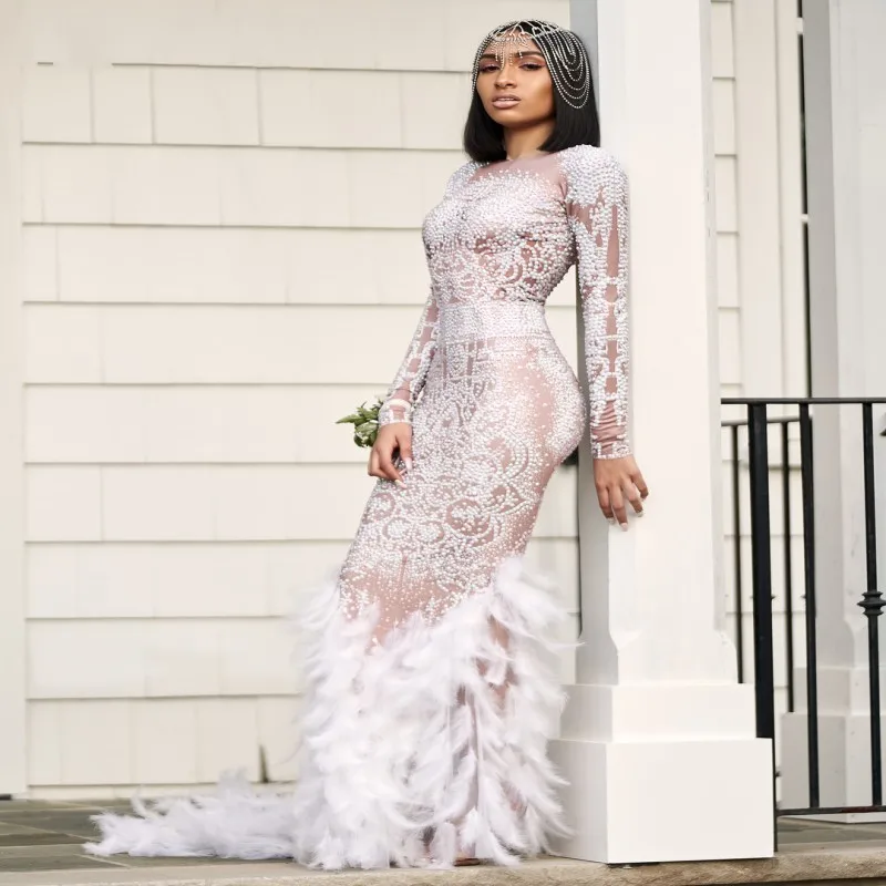 

Luxury Rhinestones Crystal Feather Black Girl Prom Dresses Long Sleeves Mermaid African Evening Party Gowns 2020 Long Gala Dress