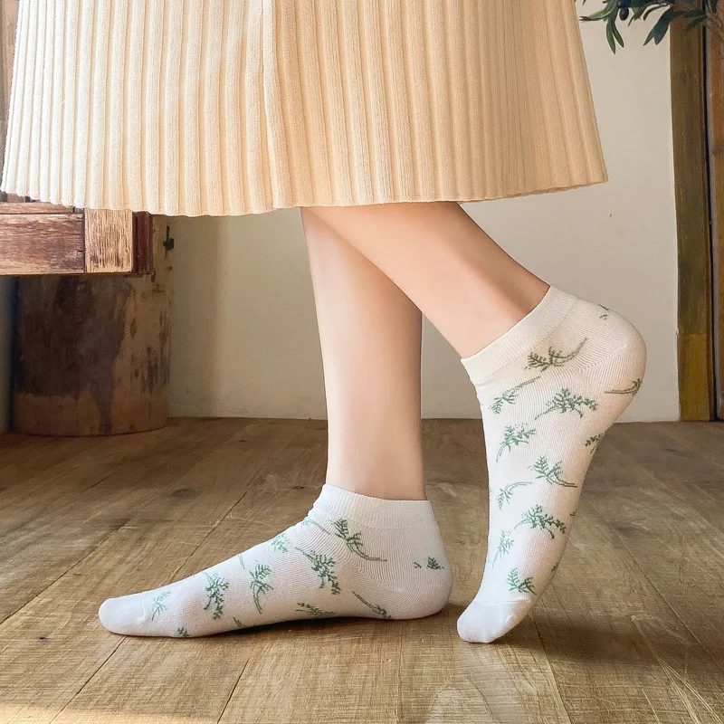 5 Pairs Women's Socks Cotton Green Forest Series Design High Quality Casual Sport Short Kawaii Girl Cute Gift Crew Ankle Socks