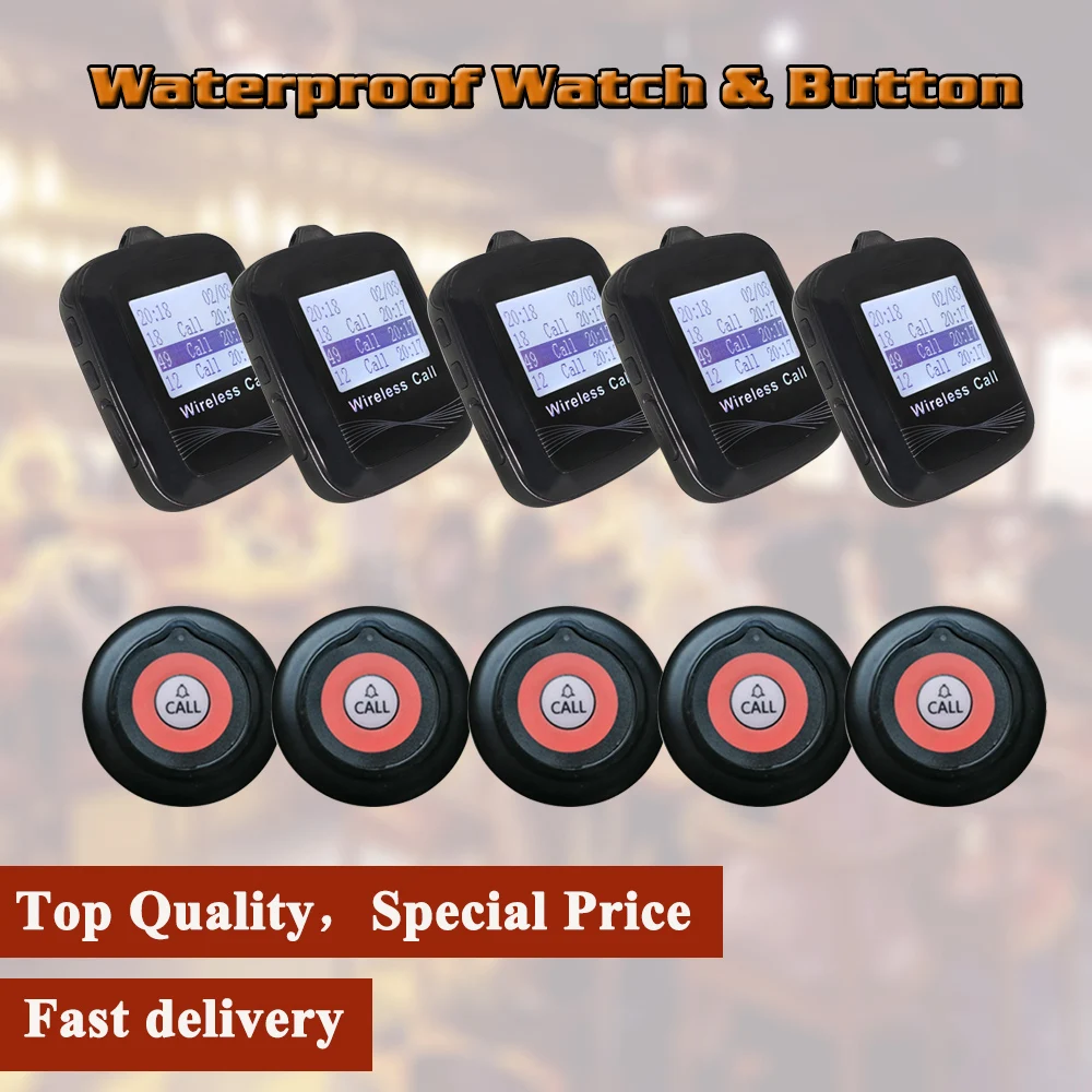 Kitchen Rail Systems 5 USB Interface Digital Watch Receiver + 5 Bell Button Transmitter Beeper For Table Restaurant Cafe