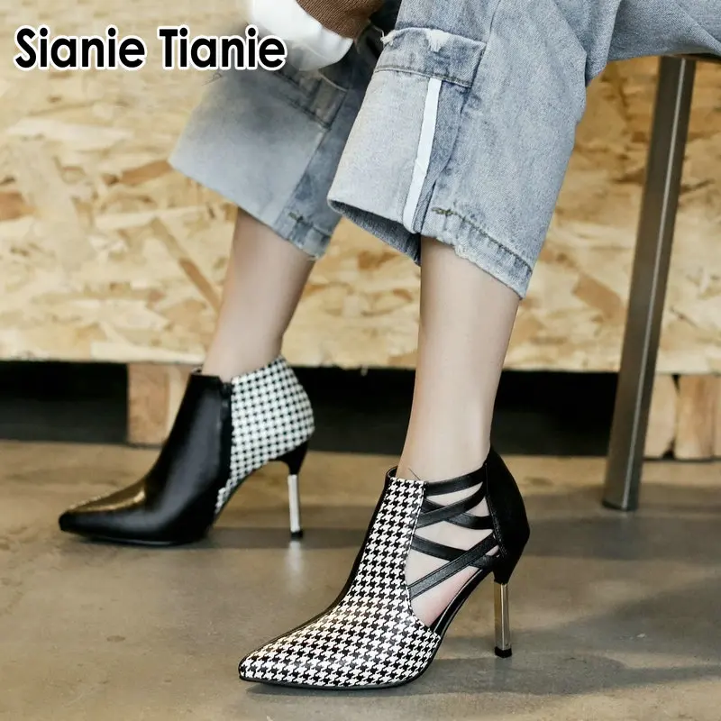 Sianie Tianie/Новинка 2020 года Черные женские туфли-лодочки в клетку с узором гусиные