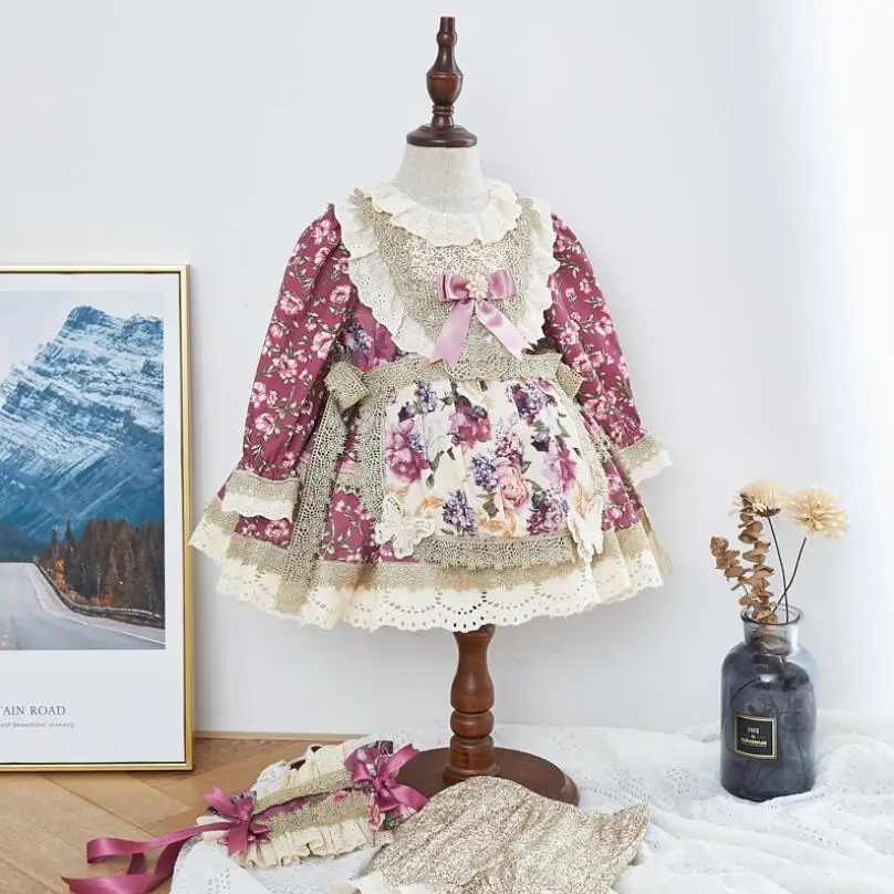 

3PCS Autumn Winter Spanish Lolita Princess Dress Bow Lace Stitching Embroidery Cute Ball Gown Birthday Party Dress For Girl L576