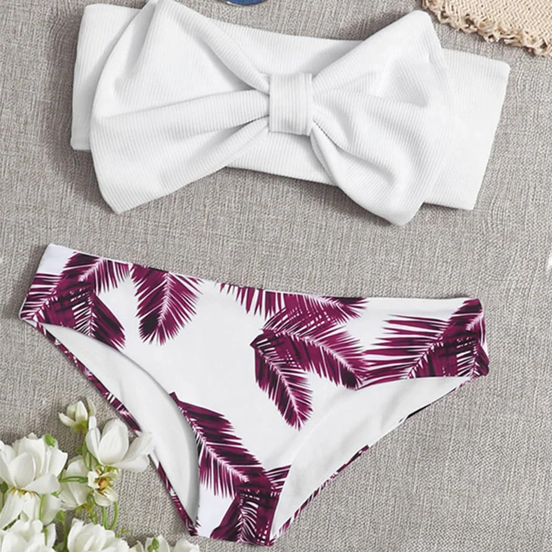 

2022 New Women's Swimsuit Big Bow Bandeau Sexy Bikini Girls Cute Red Feather Print Swim Suit Female Beach Suit Swimwear 2 Pieces