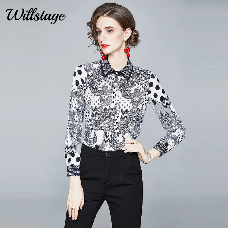 

Willstage 2020 Autumn Women Shirts long sleeve dot pattern single-breasted digital printing technology shirt Elegant blouse