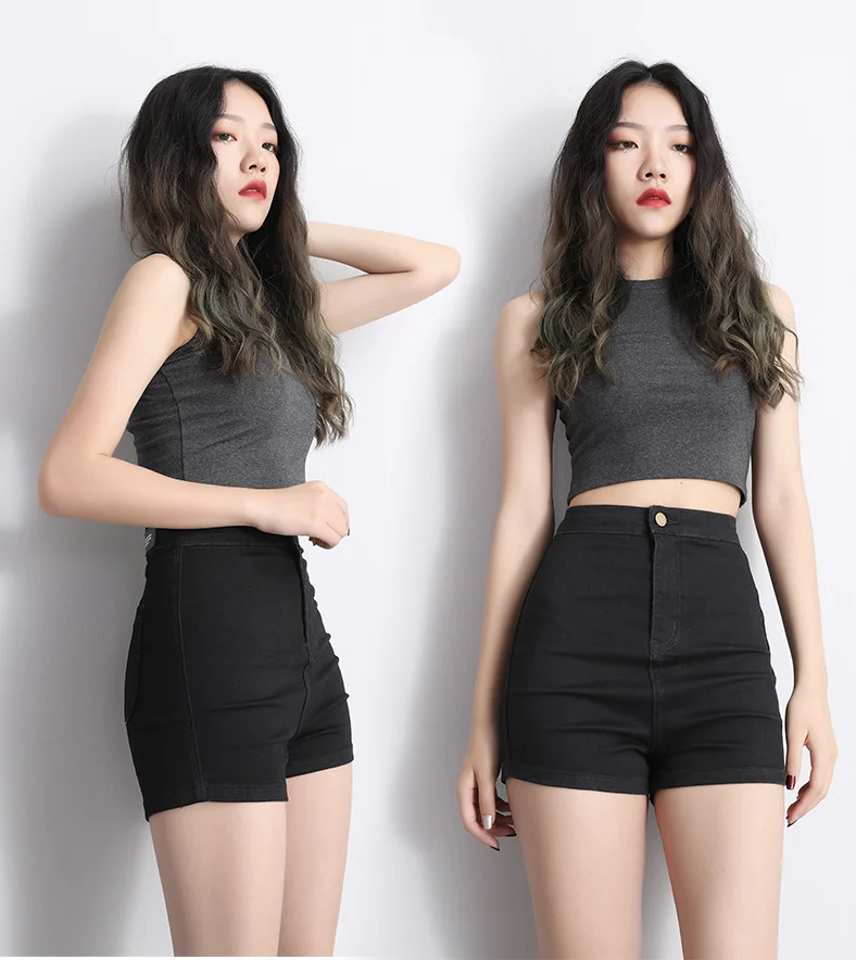 

2021 new high waist black denim skinny stretch shorts women
