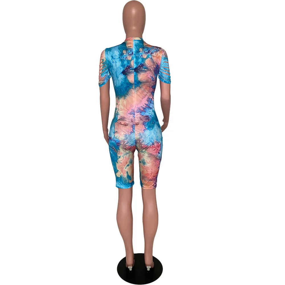 

Fashion Hollow Out Palysuit O Neck Short Sleeve Romper Femme Bodycon Above Knee Shorts Bodysuits Tie Dye Print Jumpsuits No Mask