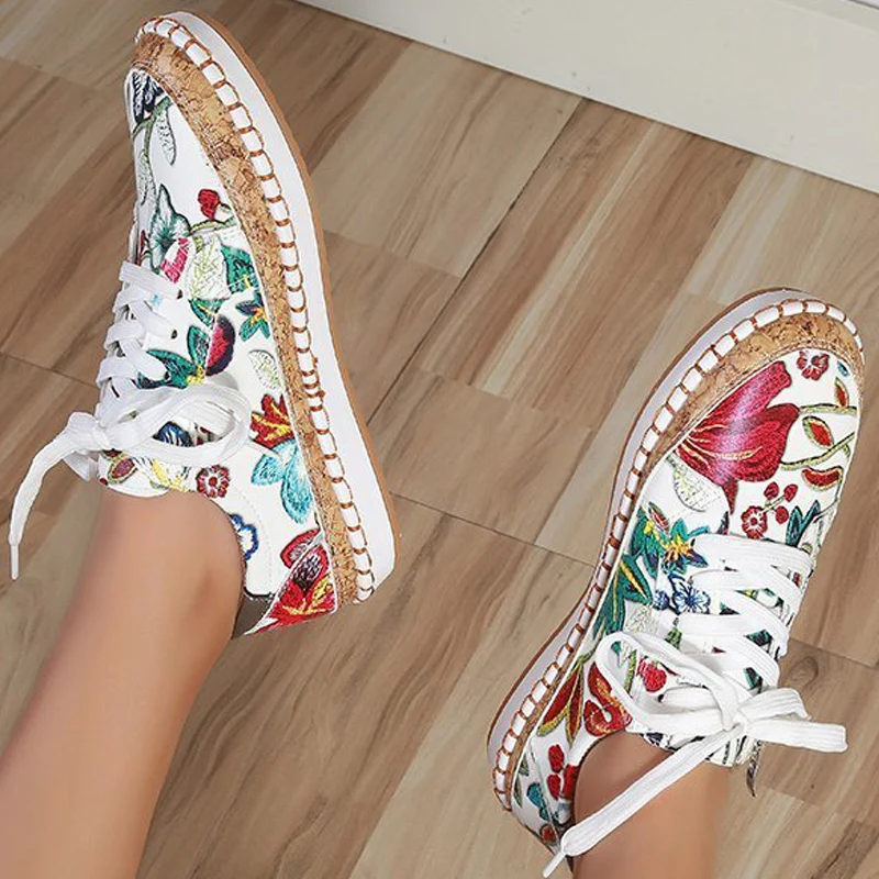 

Women Casual Sneaker Big size 43 Floral Printing Fashion Walking shoes Zipper Lace-up Summer Shoes for Women Hot sale