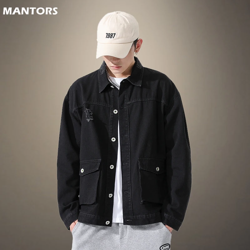 Мужская джинсовая куртка с длинным рукавом синяя приталенная из хлопка верхняя