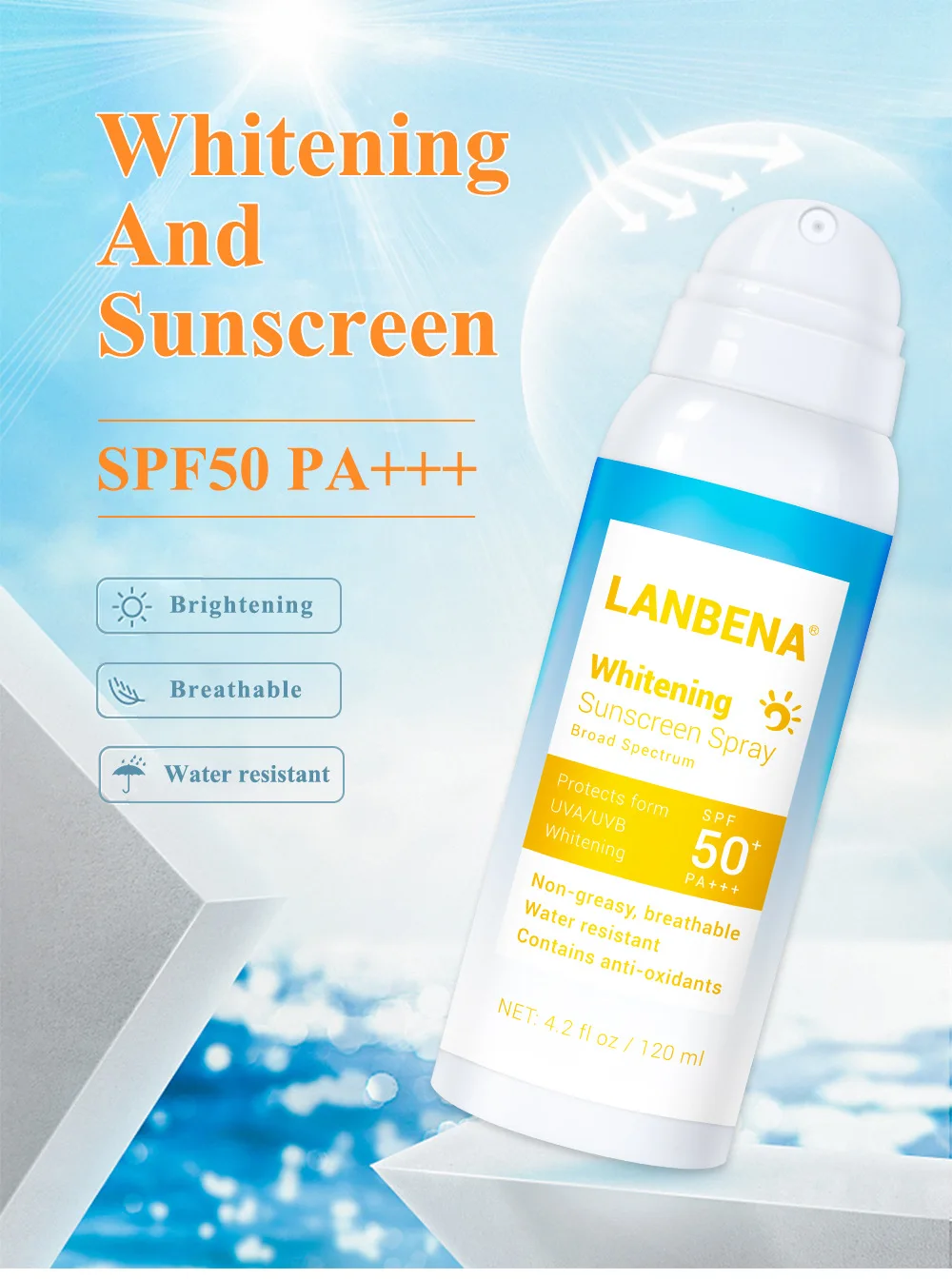 

SPF 50+++Whitening Sunscreen Spray Waterproof Sunblock Foundation Whitening Isolation Moisturizing Oil Control Skin Care