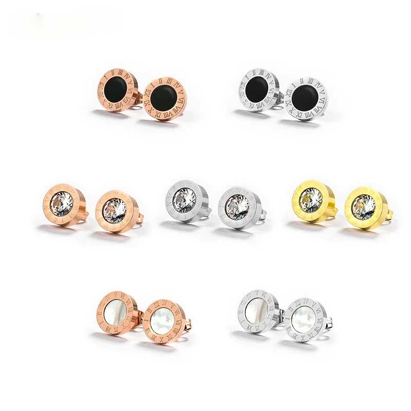 

Korean Simple Statement Earrings Stainless Steel Stud Earrings For Women Vintage Roman Numeral Crystal Small Earing 2020 Jewelry